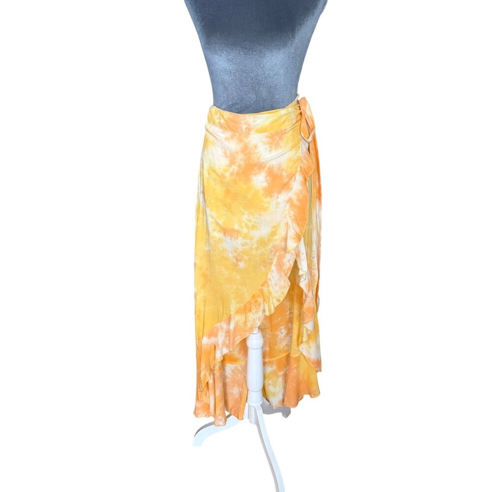 One Way XS Yellow & Orange Tie-Dye Wrap Skirt With Ruffle Hem